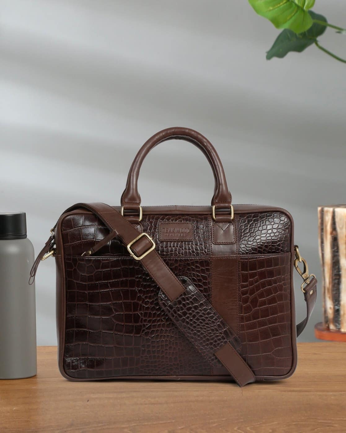Men Croc-Embossed Laptop Bag with Detachable Strap 16''