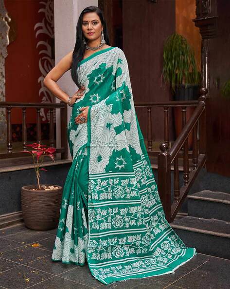 Digital Printed Satin Saree in Green : SPF10004