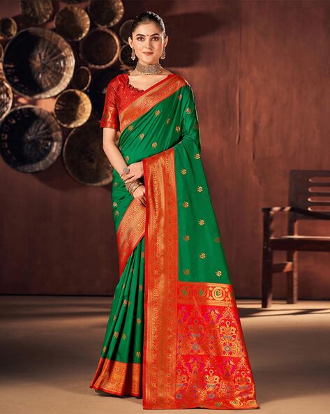 Buy Red-Green Embroidered Silk Wedding Panetar Saree With Blouse From  Ethnic Plus