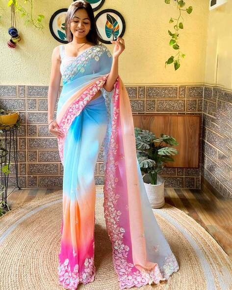 Organza Sarees : sky blue and pink multi colored heavy moss ...