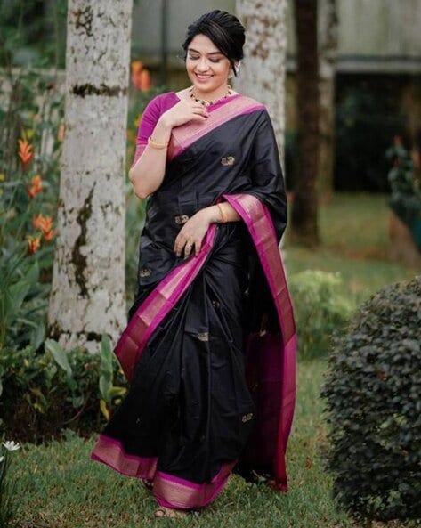 Pure Linen Saree in Black and Magenta Pink borders and with Contrast B –  www.soosi.co.in