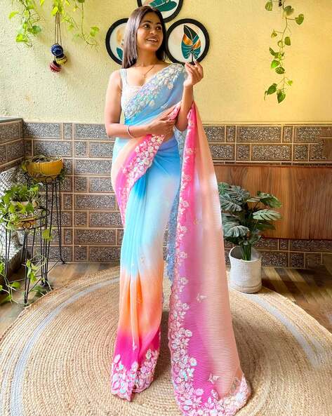 Woven Organza Saree in Sky Blue and Pink : SPF5327