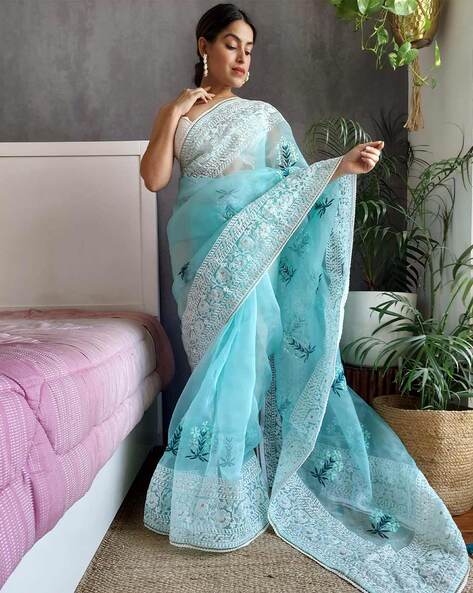 Buy Turquoise Sarees for Women by Ri-wah Online | Ajio.com