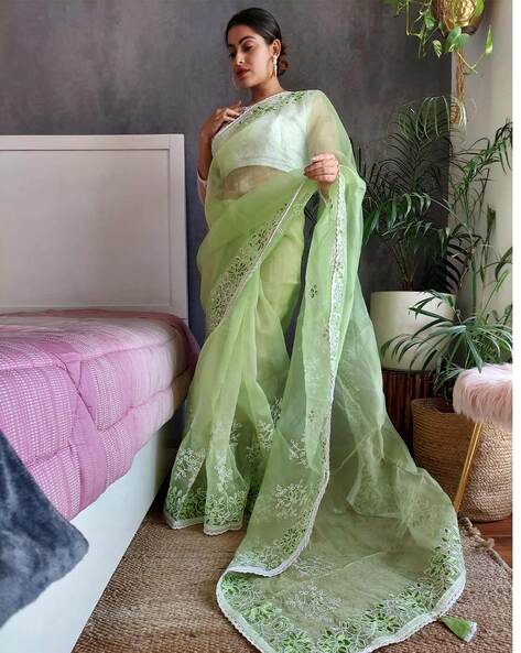 Buy Pista Green Organza Saree With Stone Border Online in India @Mohey -  Saree for Women