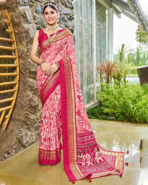 Pink Color Designer Silk Royal Drape Saree with Contrast Blouse