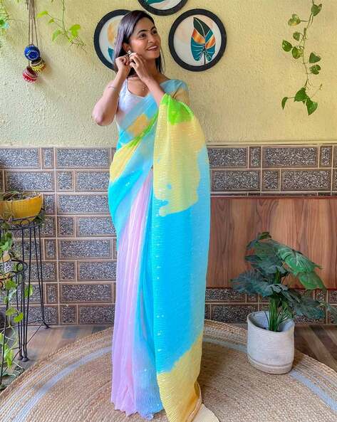 Sky blue silk saree with blouse 464D