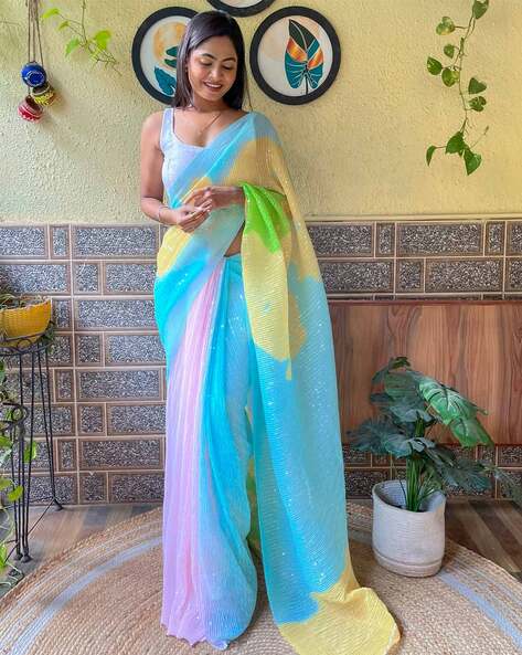 Sky Blue and Pink color Georgette sarees with plain with big buties saree  design -GEOS0004574