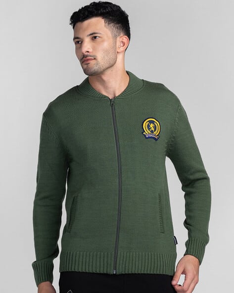 Men Embroidered Regular Fit Zip-Front Cardigan