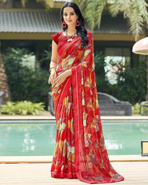 Handloom Mul Cotton Hand-block Print Saree-Red & White