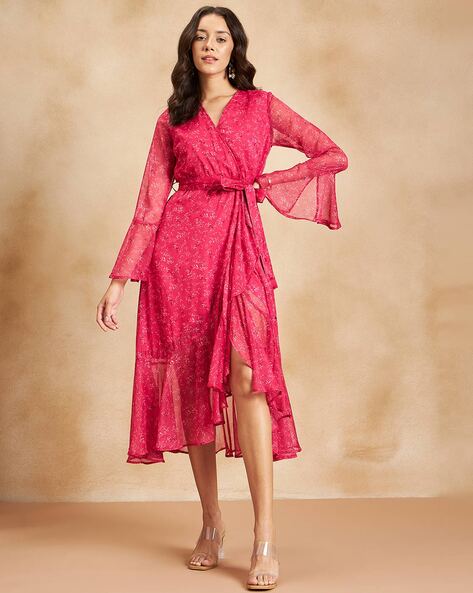 Buy Women Mauve Printed Wrap Dress - Global Republic