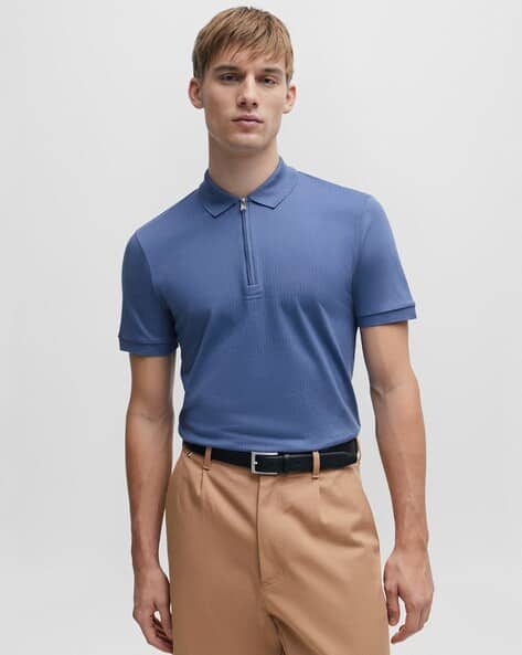 Buy BOSS Zip Placket Structured Cotton Slim Fit Polo T-Shirt