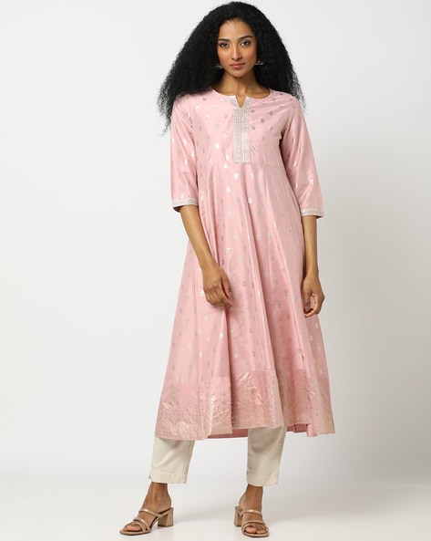 Buy Pink Chiffon Printed Kurta With Multi-coloured Floral Embroidery Online  - W for Woman