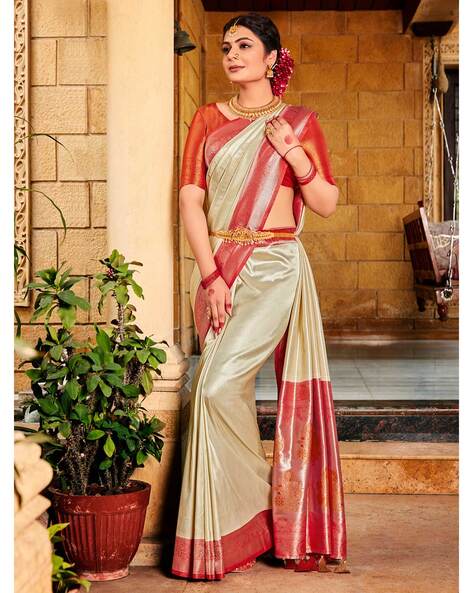 Buy Cream & Red Woven Zari Banarsee Party Wear Semi Silk Saree Online at  Kiko Clothing