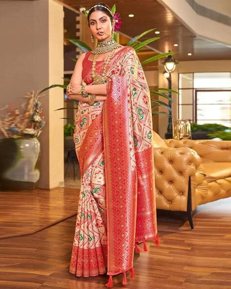 Pure Linen Cream Red Saree, Printed Women's Wear