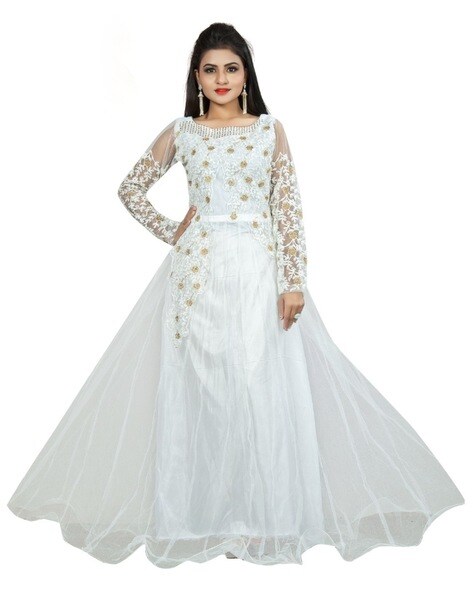 White Color Cotton Fabric Tempting Gown In Party Wear