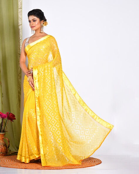 Yellow Net Heavy Border Pea... | Saree designs, Party wear sarees, Trendy  sarees