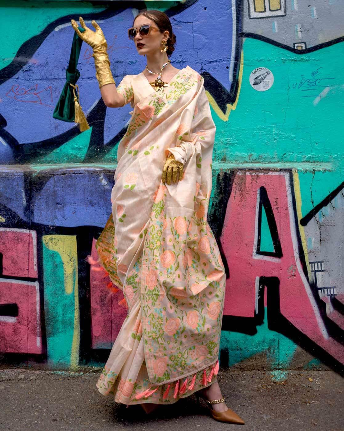 Buy Cream Sarees for Women by Ri-wah Online