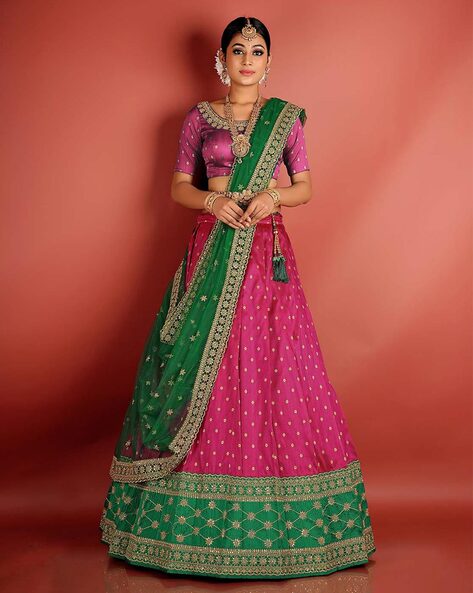 Mehndi Green and Magenta color Ikkat Lehengas with all over pochampally  design -IKPL0000720