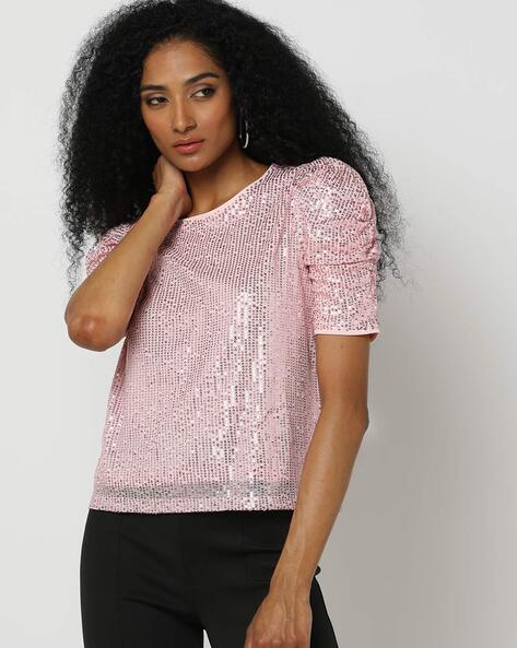 Buy PARTYWEAR PINK FAUX-FUR DETAIL SEQUIN TOP for Women Online in India