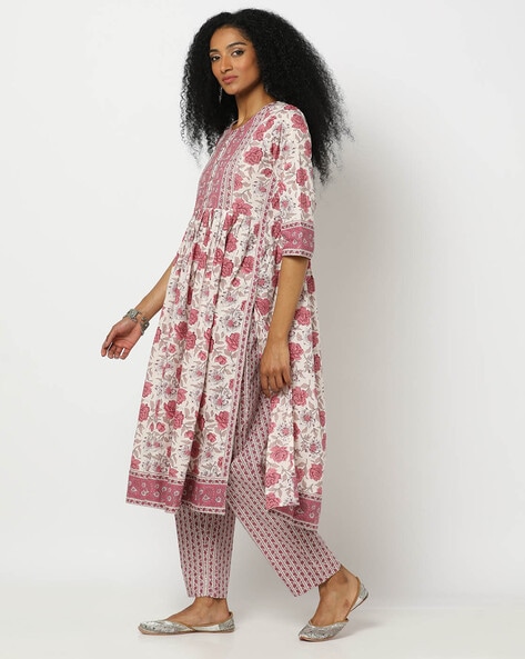 Ecru Printed Kurta & Straight Pants Set