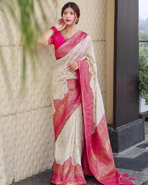 Ocean Blue Saree With Golden Border And Pink Blouse| Cash On Delivery  Available, Throughout India