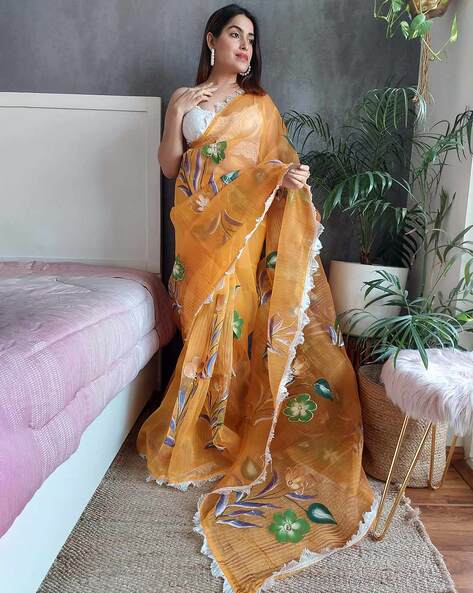 Yellow Gota Work and Floral Print Organza Saree – Beatitude