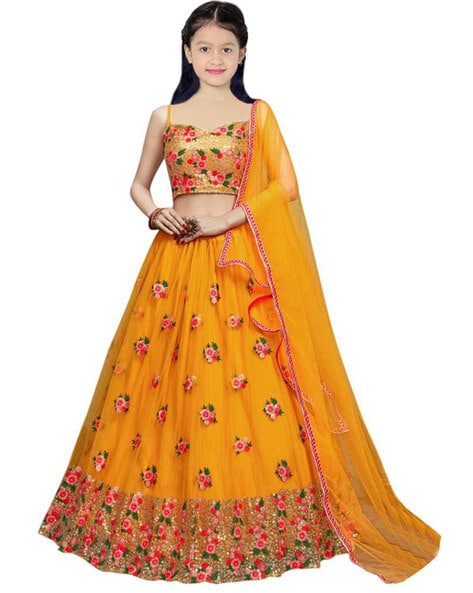 Kids Lehenga: Girls Yellow Lehenga With Pink Choli And Mirror Boti Dupatta  | Perfect Panache