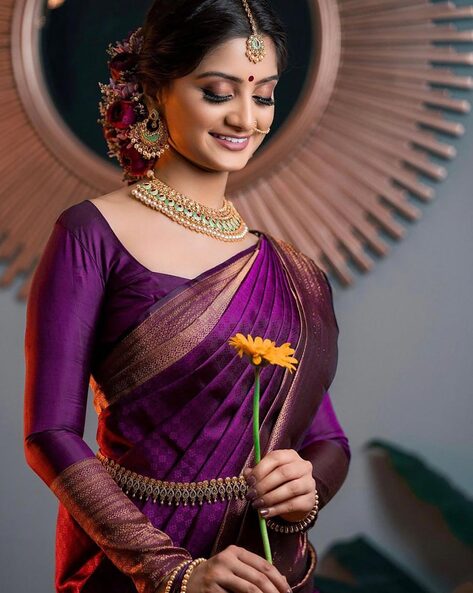 Purple kanjeevaram saree with brocade blouse. Temple jewellery belt |  Bridal sarees south indian, Indian bridal fashion, Wedding blouse designs