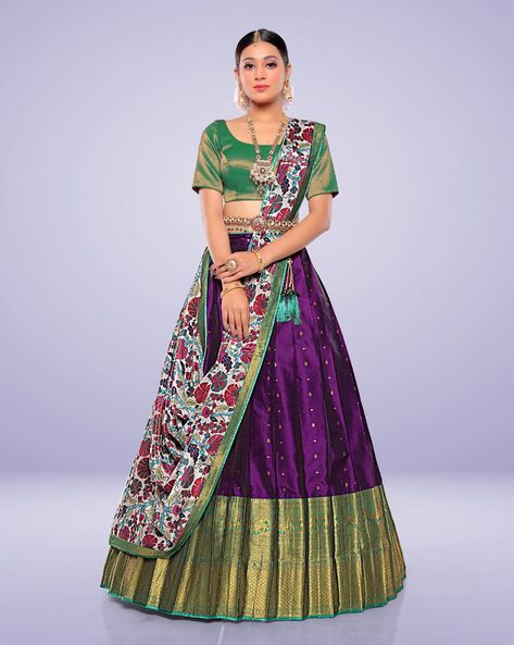 pansy purple Silk patola Lehenga with dark green blouse and dupatta – Goti  Fab