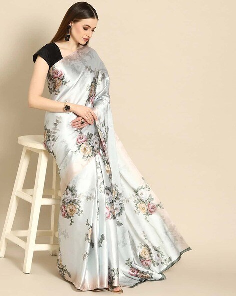 Satin Floral Printed White Saree