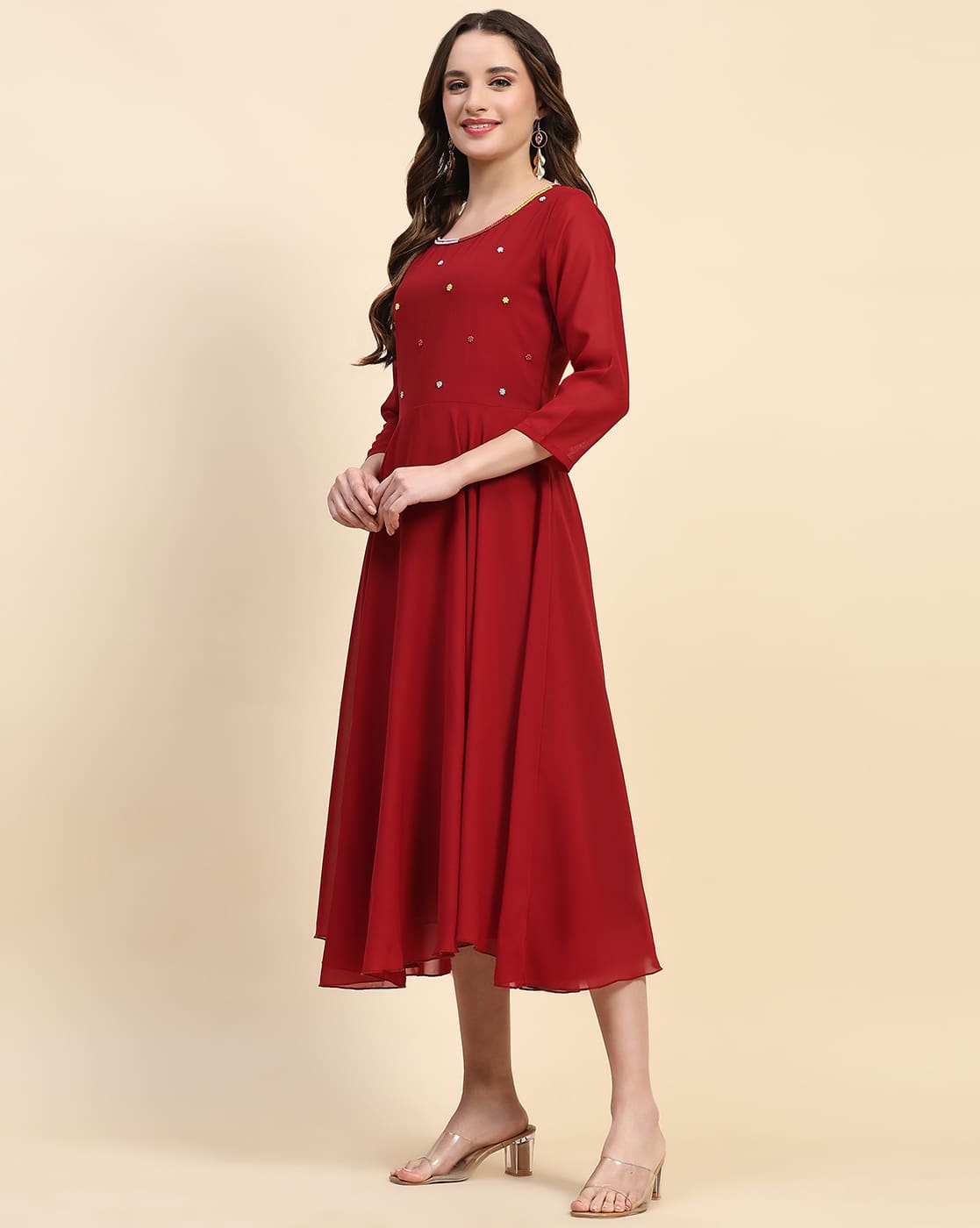 Umbrella Frock With Full Sleeves Aurora Long Sleeve Sweetheart Neck Plain  Velvet Midi A-Line Dress