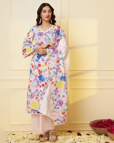 Women Floral Print Straight Kurta Set with Dupatta Price in India