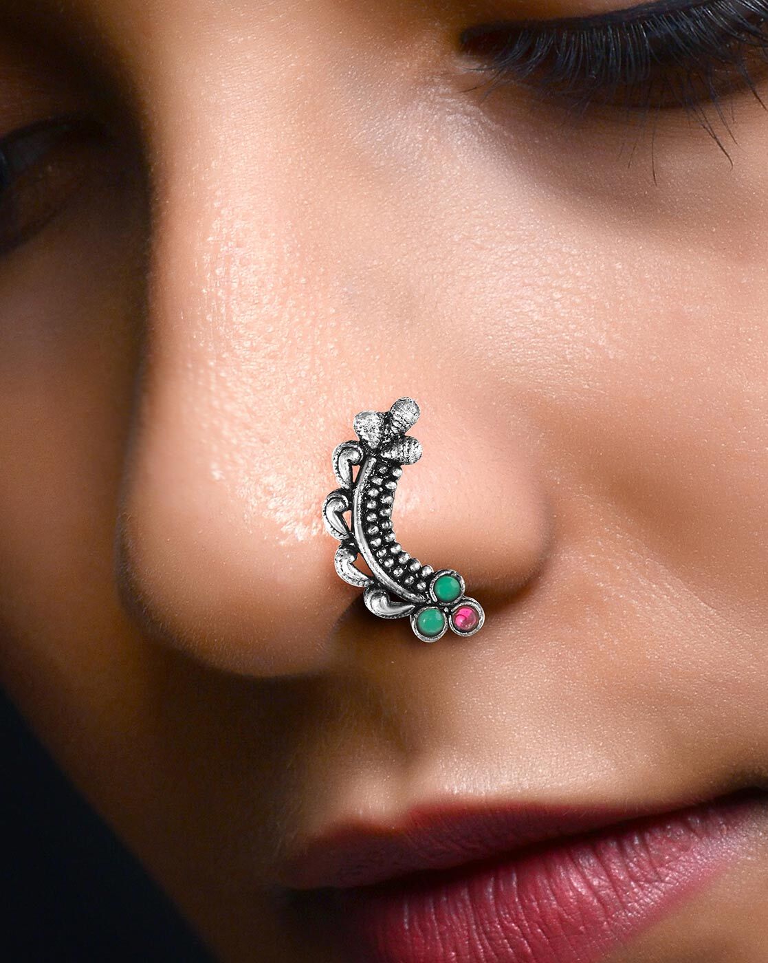 Vighnaharta Oxidised Gold with Artificial stone and Red Maharashtrian Nath  Nathiya.Nose Pin for women-VFJ1045NTH-Press - VIGHNAHARTA - 3937617