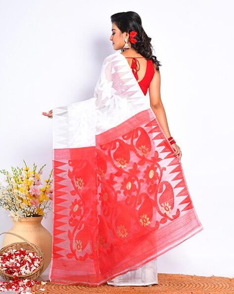 Off White Color Contrast Soft Dhakai Jamdani Saree (She Saree 1542)