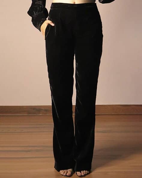 Women Velvet Straight Fit Flat-Front Pants