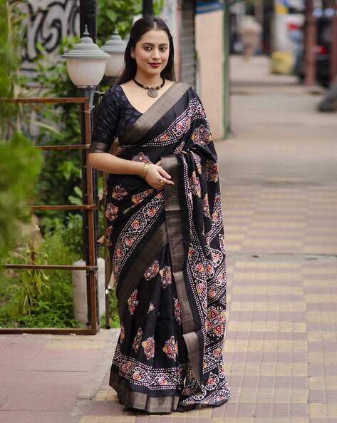 Brown Pure Zari Tussar Hand Batik Saree