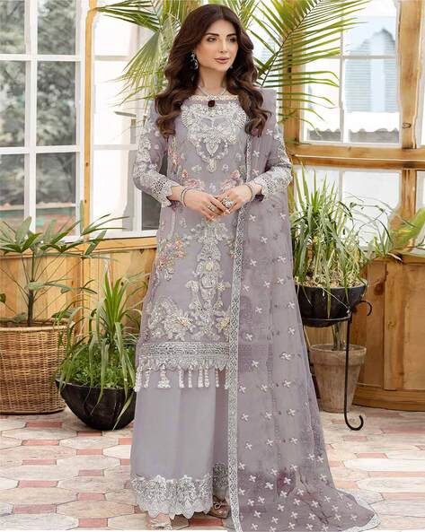 Lavender Organza Dress Material With Thread Embroidery Work Parsi  Embroidery Collection in USA, UK, Malaysia, South Africa, Dubai, Singapore