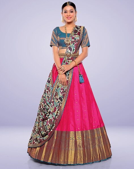 Women Zari Work Silk Half Saree Lehenga