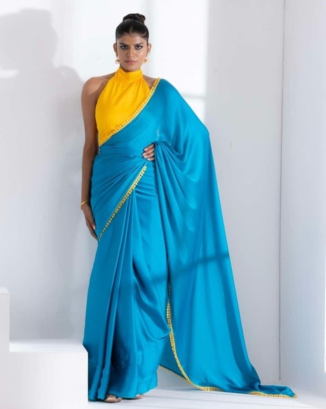 Carolina Blue Golden Zari Gotta Patti Work Organza Satin Saree With Tu –  Fabcurate