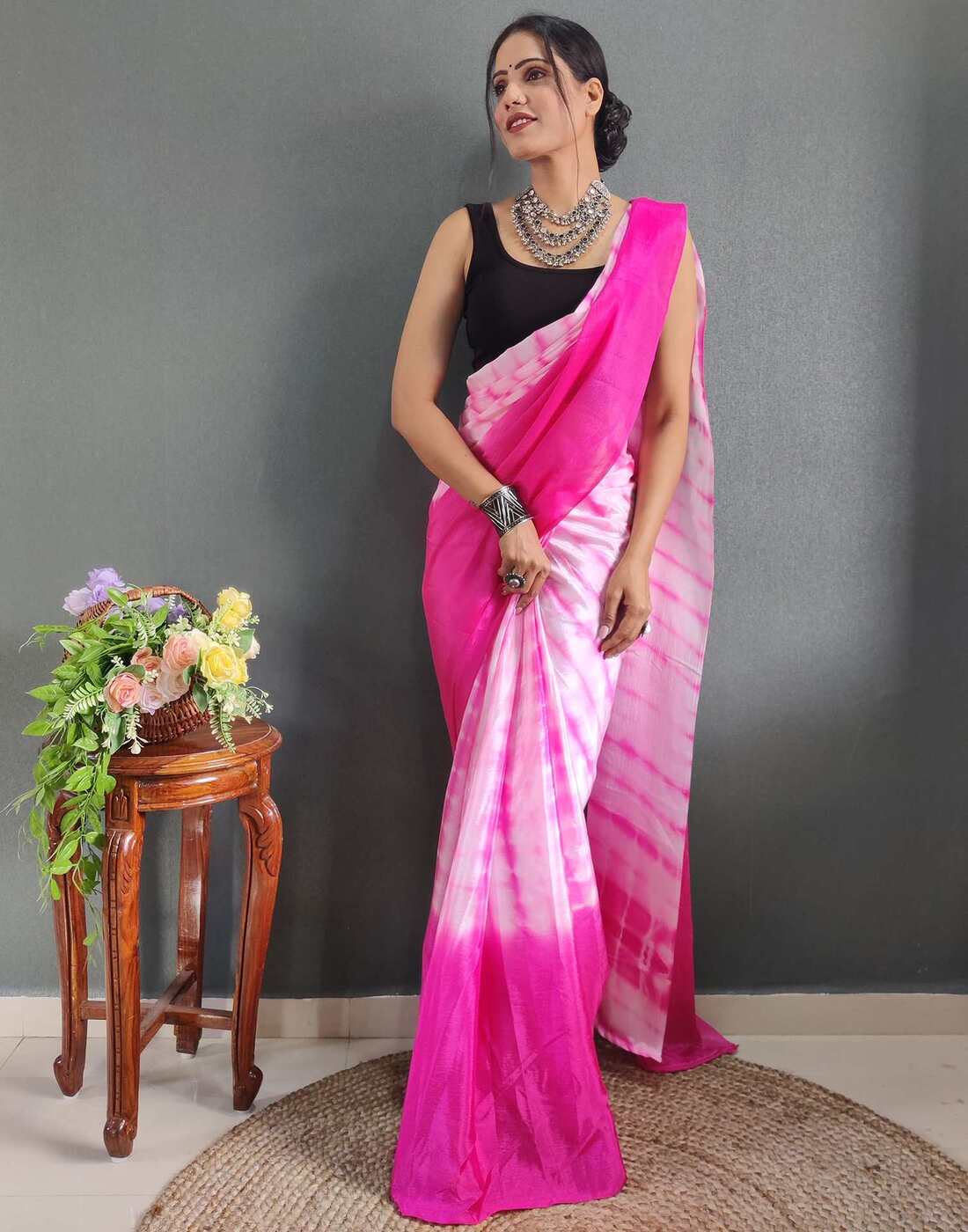 Buy Pink Saree Organza Printed Stripe Round With Embroidered Blouse For  Women by Label Varsha Online at Aza Fashions.