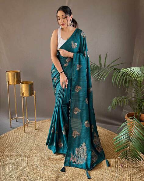 Woven Border Art Silk Saree in Teal Green : SPF7111