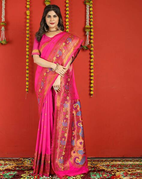 Royal Blue with Pink Border Art Silk Wedding Saree – paanericlothing