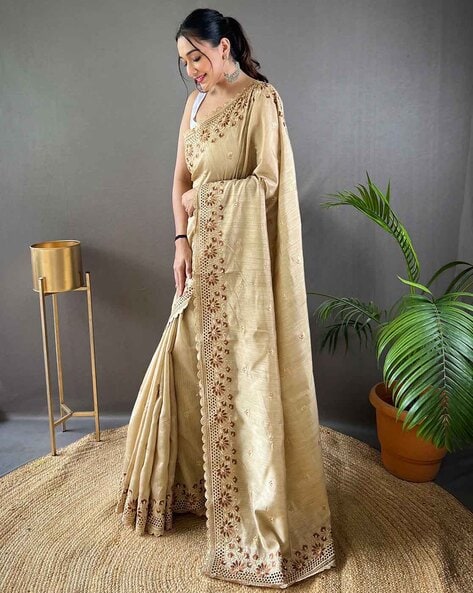 Attractive Off White colours designer border Linen Saree