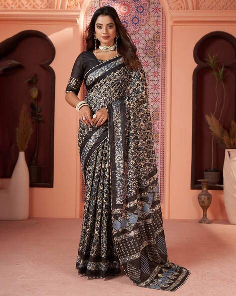 Buy Women's Bandhani Printed, Lace Chiffon Saree with Unstitched Blouse  Piece- Black at Amazon.in