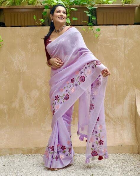 Buy online Pure Linen Sarees with Bandhej print and Embroidery work -  Green-AF1257