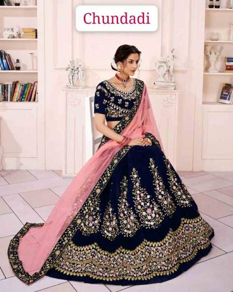 Buy Excellent Navy Blue Satin Embroidered Designer Lehenga Choli With Net  Dupatta at best price - Gitanjali Fashions