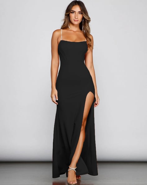 Black Plisse Split Leg Maxi Dress | Dresses | PrettyLittleThing