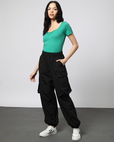 Black regular fit nylon cargo trousers | River Island