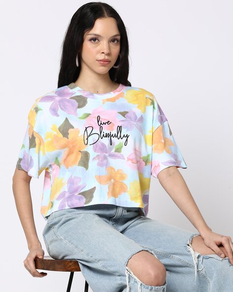 Women Floral Print Boxy Fit Crew-Neck T-Shirt