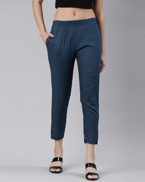 Buy CRIMSOUNE CLUB Navy Womens Beige Solid Cigarette Trousers | Shoppers  Stop